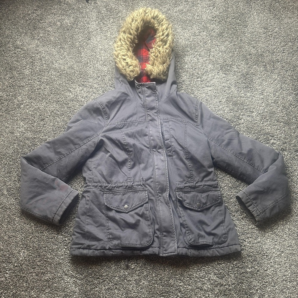 Y2K Hollister Jacket Womens‎ XL Gray Faux Fur Hood Plaid Lined Parka Bella Swan
